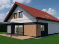 Wizualizacja domu z czerwonym dachem i elewacją w odcieniach bieli, czerni i drewna.