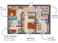 Plan mieszkania z zaznaczonymi temperaturami. Salon 20-22°C, sypialnia 16-19°C, kuchnia 18-20°C, łazienka 24-25°C, pokój dziecięcy 20-21°C (dzień) i 17-18°C (noc). Idealna temperatura pokojowa w każdym pomieszczeniu.