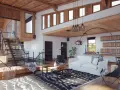 Nowoczesny salon z widoczną stalową klatką schodową, białymi meblami i akcentami z ciemnego drewna na suficie i ścianach.