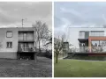 Przed i po: metamorfoza elewacji domu z lat 70-tych. Nowoczesna bryła z przeszklonymi tarasami i ceglanym akcentem zastępuje starą architekturę.