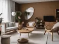 Nowoczesny salon z brązowymi ścianami, drewnianymi meblami i roślinami.