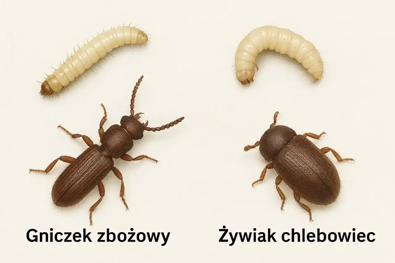 Dwa małe robaczki: gniczek zbożowy i żywiak chlebowiec, obok swoich larw.