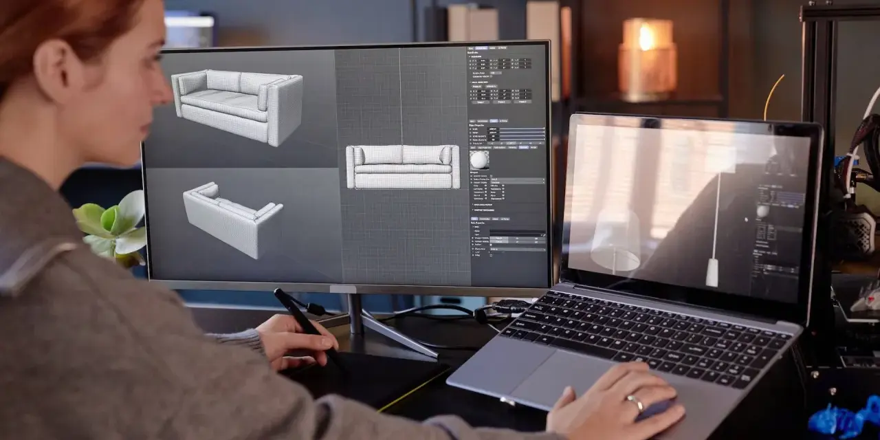 Kobieta projektuje meble 3D na komputerze, używając tabletu graficznego.