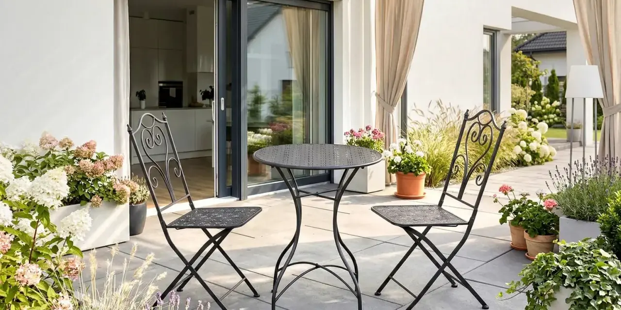 Stolik i dwa krzesła na patio, idealne miejsce na poranną kawę. To jest właśnie patio, co to za urokliwe miejsce!