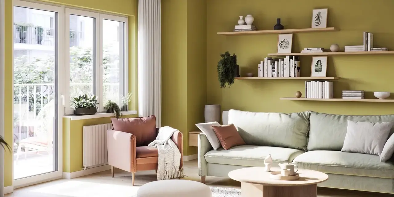 Jasnozielone kolory ścian inspiracje: przytulny salon z pastelową sofą, ceglastym fotelem i drewnianymi półkami pełnymi książek.