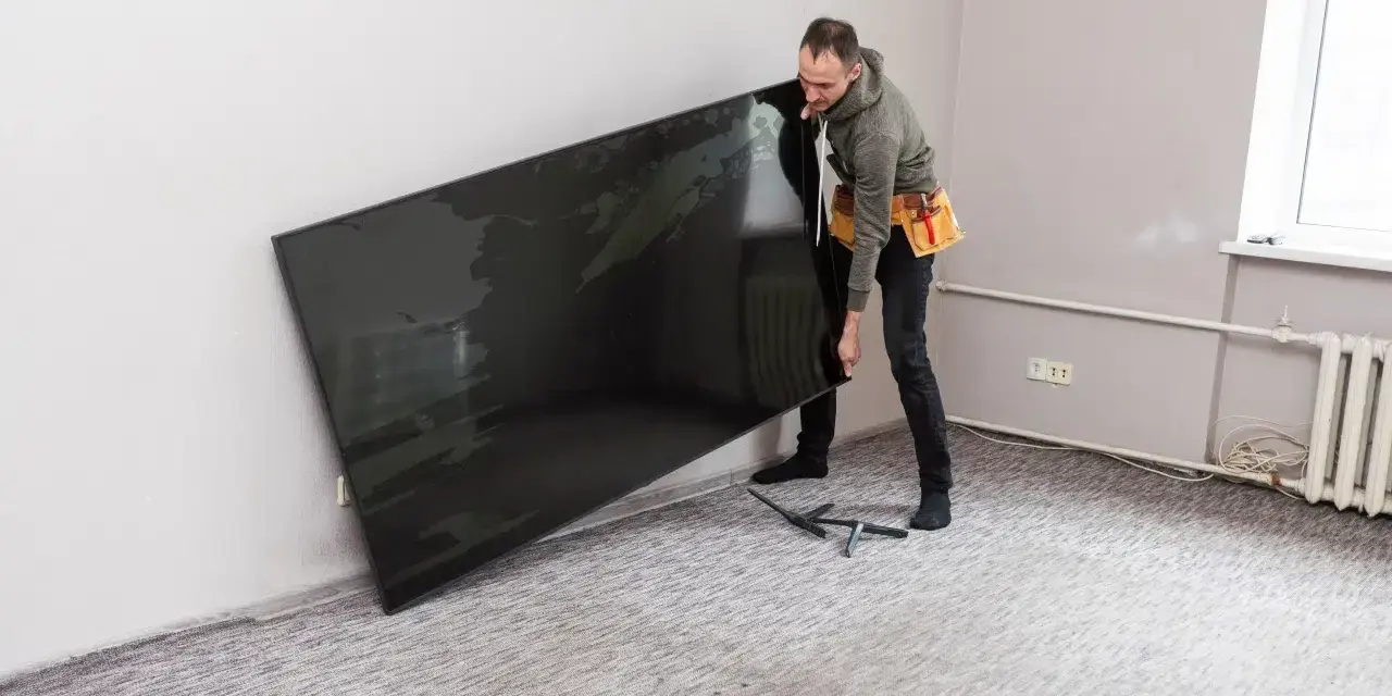 Mężczyzna z pasem narzędziowym przy ścianie trzyma duży, czarny telewizor. Zastanawia się, na jakiej wysokości telewizor będzie najlepiej wyglądał.