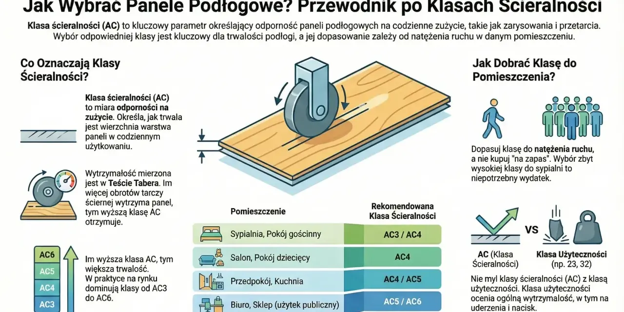 Ilustracja wyjaśnia, jak wybrać panele podłogowe, skupiając się na klasie ścieralności (AC). Pokazuje test ścierania i zalecane klasy AC dla różnych pomieszczeń.