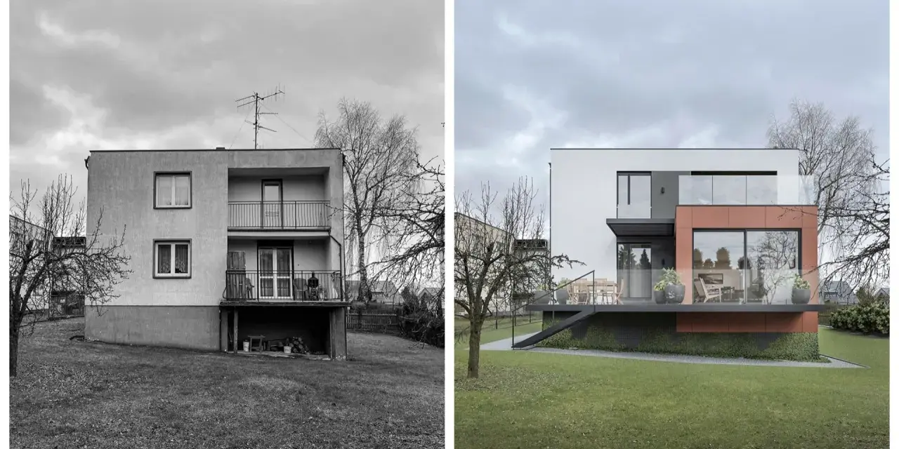 Przed i po: metamorfoza elewacji domu z lat 70-tych. Nowoczesna bryła z przeszklonymi tarasami i ceglanym akcentem zastępuje starą architekturę.