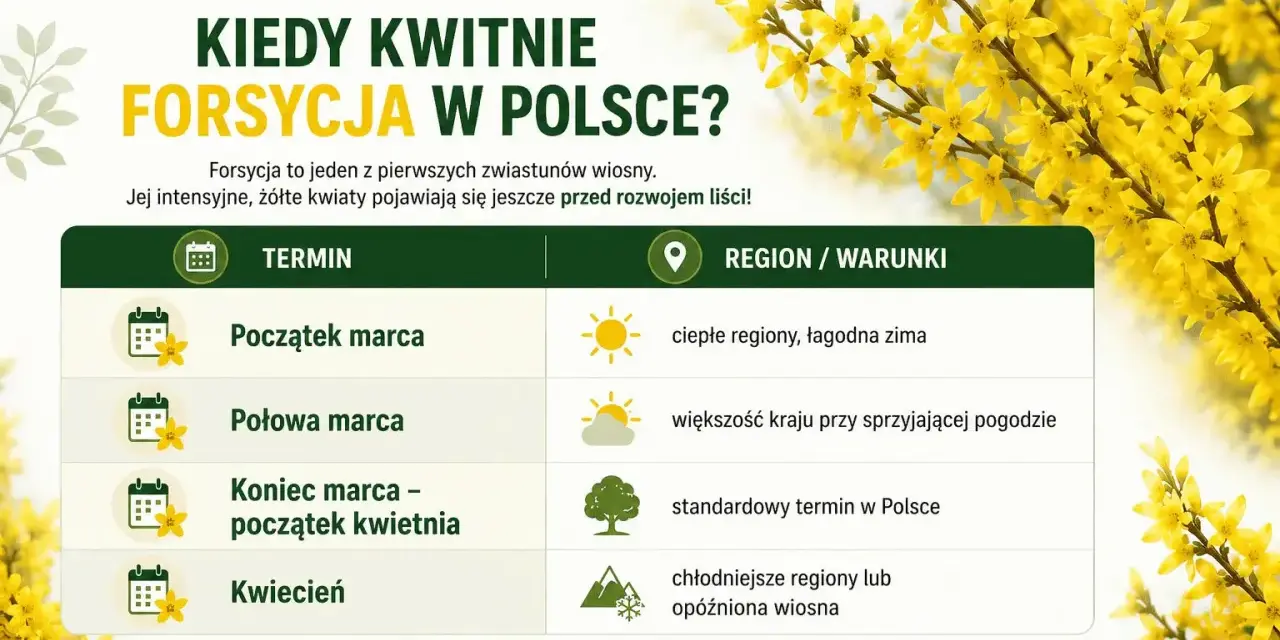 Kiedy kwitnie forsycja w Polsce? Tabela pokazuje terminy kwitnienia od początku marca do kwietnia, zależnie od regionu i warunków.