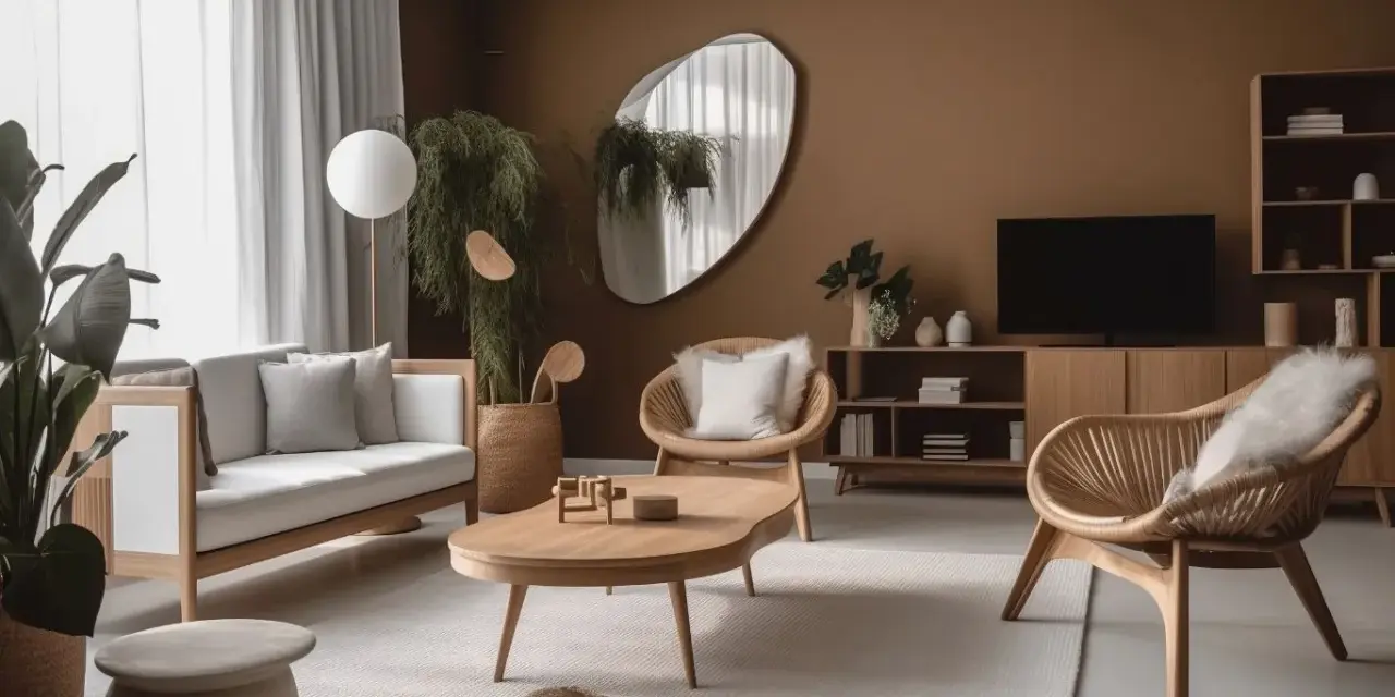 Nowoczesny salon z brązowymi ścianami, drewnianymi meblami i roślinami.