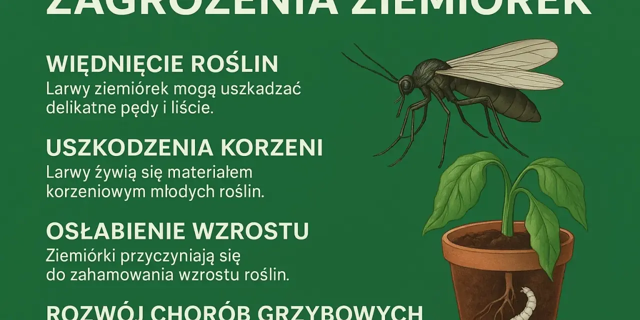 Ziemiórki, małe muszki w kwiatach, niszczą rośliny, uszkadzając korzenie i pędy, hamując wzrost i rozprzestrzeniając choroby grzybowe.