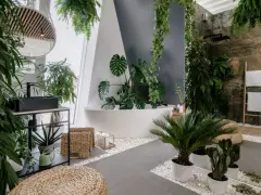 Łazienka pełna zieleni. Monstera, paprocie i inne rośliny tworzą tropikalny klimat. Idealne **jakie kwiaty do łazienki** dla miłośników natury.