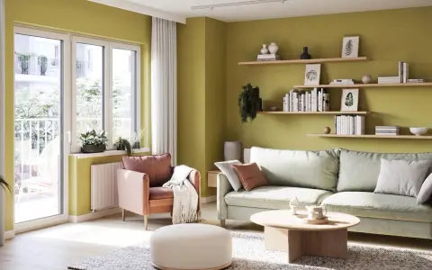 Jasnozielone kolory ścian do salonu tworzą przytulną atmosferę. Wygodna sofa i fotel zapraszają do relaksu.