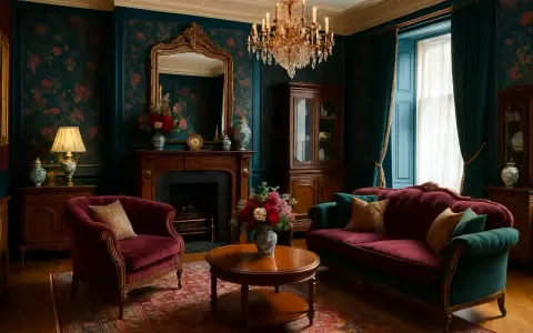 Elegancki salon w stylu wiktoriańskim z aksamitnymi meblami, bogatą tapetą i kryształowym żyrandolem.