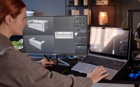 Kobieta projektuje meble 3D na komputerze, używając tabletu graficznego.