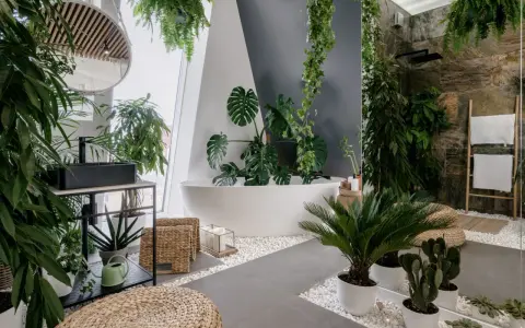 Łazienka pełna zieleni. Monstera, paprocie i inne rośliny tworzą tropikalny klimat. Idealne **jakie kwiaty do łazienki** dla miłośników natury.