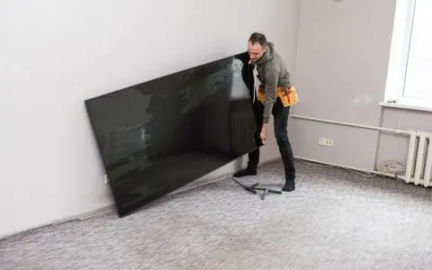 Mężczyzna z pasem narzędziowym przy ścianie trzyma duży, czarny telewizor. Zastanawia się, na jakiej wysokości telewizor będzie najlepiej wyglądał.