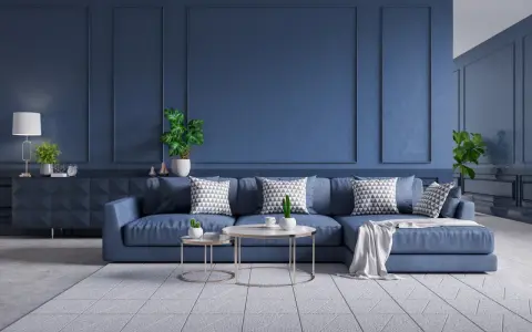 Nowoczesny salon z granatową kanapą, geometrycznymi poduszkami i roślinami.
