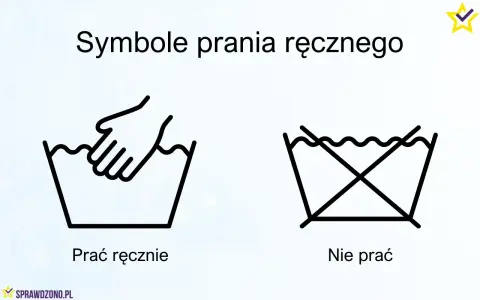 Symbole prania ręcznego: ręka w wodzie oznacza "prać ręcznie", a przekreślony symbol w wodzie oznacza "nie prać".
