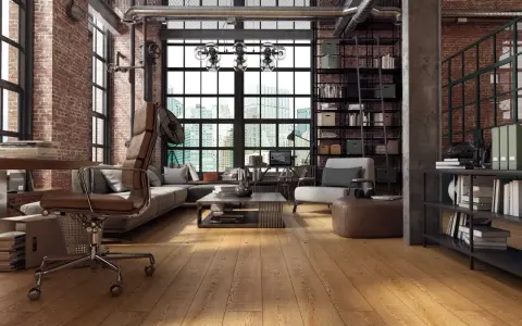 Nowoczesne mieszkanie w stylu industrialnym z ceglanymi ścianami, metalowymi elementami i widokiem na miasto.