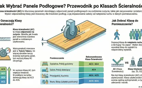 Ilustracja wyjaśnia, jak wybrać panele podłogowe, skupiając się na klasie ścieralności (AC). Pokazuje test ścierania i zalecane klasy AC dla różnych pomieszczeń.
