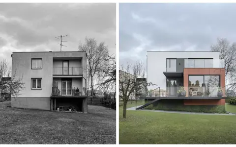 Przed i po: metamorfoza elewacji domu z lat 70-tych. Nowoczesna bryła z przeszklonymi tarasami i ceglanym akcentem zastępuje starą architekturę.