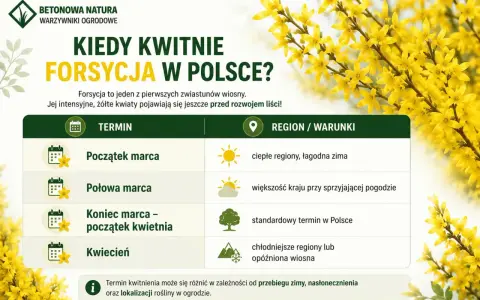 Kiedy kwitnie forsycja w Polsce? Tabela pokazuje terminy kwitnienia od początku marca do kwietnia, zależnie od regionu i warunków.