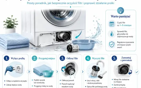 Instrukcja czyszczenia filtra w pralce: odłącz prąd, przygotuj miejsce, odkręć i wyczyść filtr, a następnie zamontuj go z powrotem.