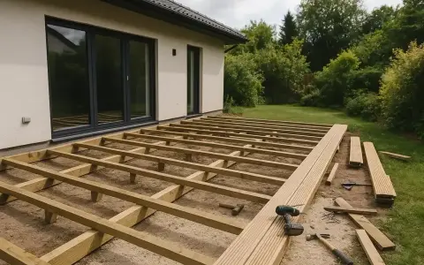 Budowa tarasu z drewna, świetny pomysł na tani taras. Widać konstrukcję i deski gotowe do montażu.