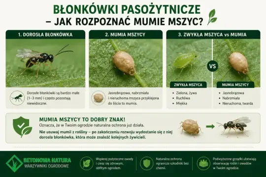 Dorosła błonkówka pasożytnicza, mumia mszycy i zwykła mszyca – jak rozpoznać te szkodniki w ogrodzie. Mumia to dobry znak!