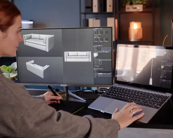 Kobieta projektuje meble 3D na komputerze, używając tabletu graficznego.