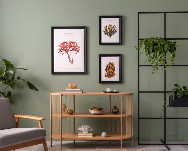Salon z szarą sofą i drewnianą komodą, ozdobiony obrazami z motywami morskimi. Modne kolory ścian tworzą spokojną atmosferę.