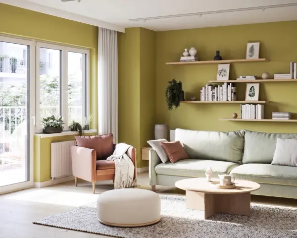 Jasnozielone kolory ścian inspiracje: przytulny salon z pastelową sofą, ceglastym fotelem i drewnianymi półkami pełnymi książek.