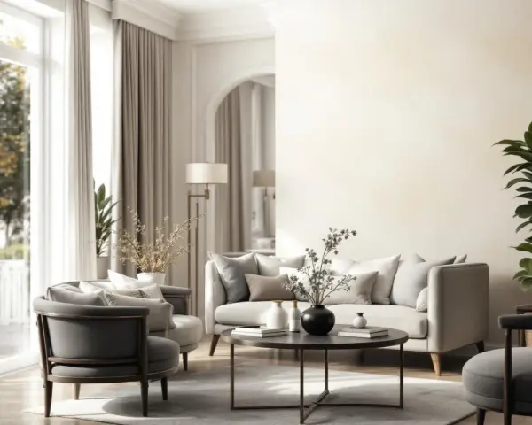Elegancki salon z jasnymi meblami i dekoracjami. Ściany pomalowane na kremowy kolor, co podkreśla różne rodzaje tapet w subtelnych odcieniach.