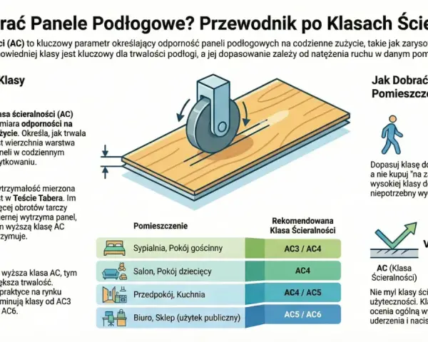Ilustracja wyjaśnia, jak wybrać panele podłogowe, skupiając się na klasie ścieralności (AC). Pokazuje test ścierania i zalecane klasy AC dla różnych pomieszczeń.