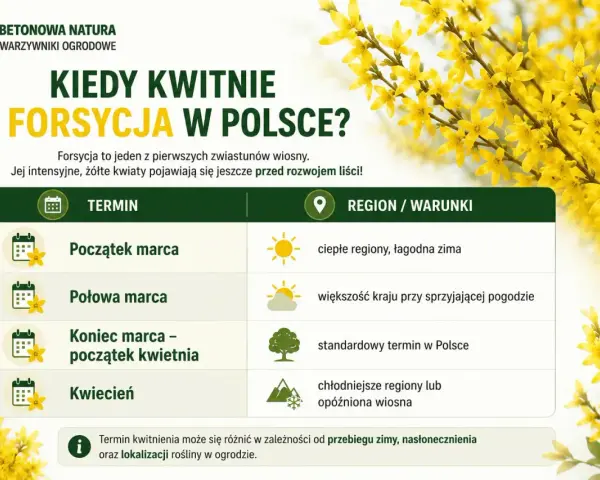 Kiedy kwitnie forsycja w Polsce? Tabela pokazuje terminy kwitnienia od początku marca do kwietnia, zależnie od regionu i warunków.