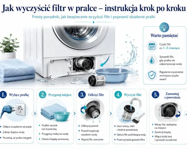 Instrukcja czyszczenia filtra w pralce: odłącz prąd, przygotuj miejsce, odkręć i wyczyść filtr, a następnie zamontuj go z powrotem.
