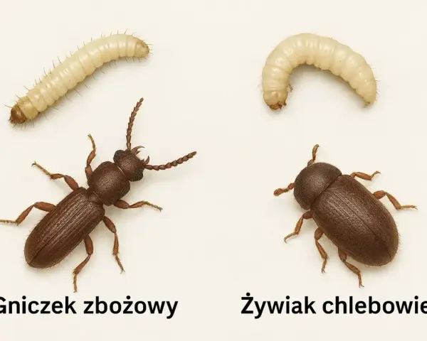 Dwa małe robaczki: gniczek zbożowy i żywiak chlebowiec, obok swoich larw.
