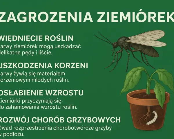 Ziemiórki, małe muszki w kwiatach, niszczą rośliny, uszkadzając korzenie i pędy, hamując wzrost i rozprzestrzeniając choroby grzybowe.