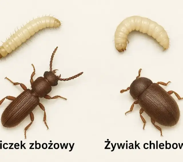 Dwa małe robaczki: gniczek zbożowy i żywiak chlebowiec, obok swoich larw.