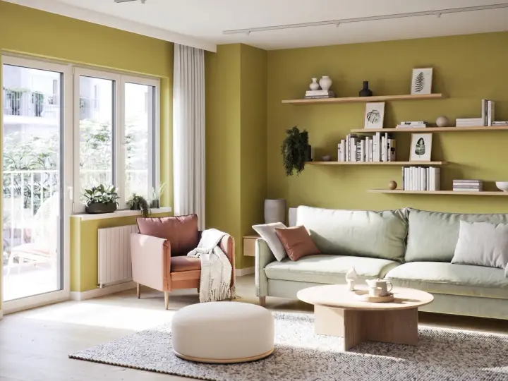 Jasnozielone kolory ścian do salonu tworzą przytulną atmosferę. Wygodna sofa i fotel zapraszają do relaksu.