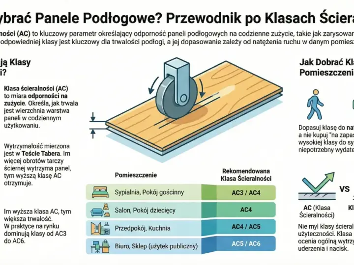 Ilustracja wyjaśnia, jak wybrać panele podłogowe, skupiając się na klasie ścieralności (AC). Pokazuje test ścierania i zalecane klasy AC dla różnych pomieszczeń.