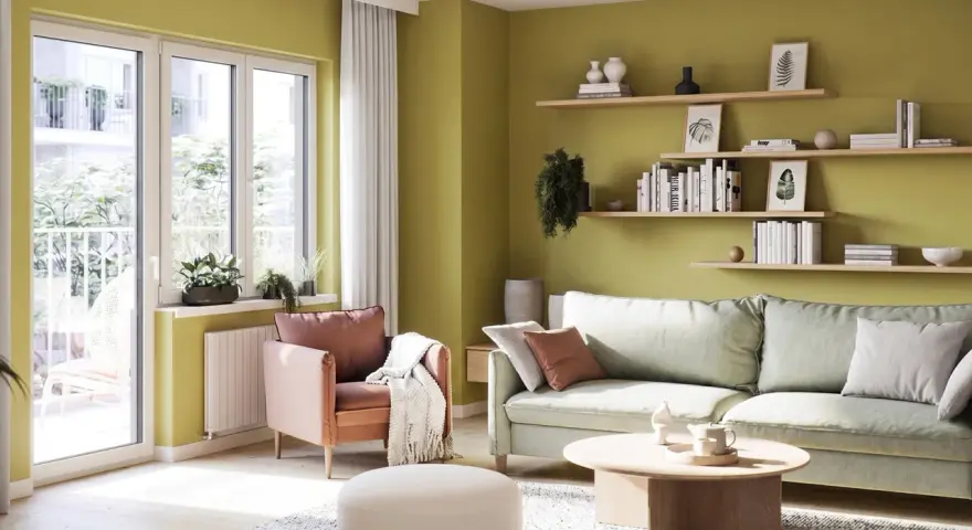 Jasnozielone kolory ścian do salonu tworzą przytulną atmosferę. Wygodna sofa i fotel zapraszają do relaksu.