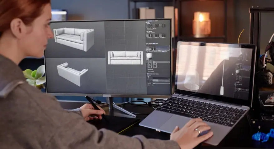 Kobieta projektuje meble 3D na komputerze, używając tabletu graficznego.