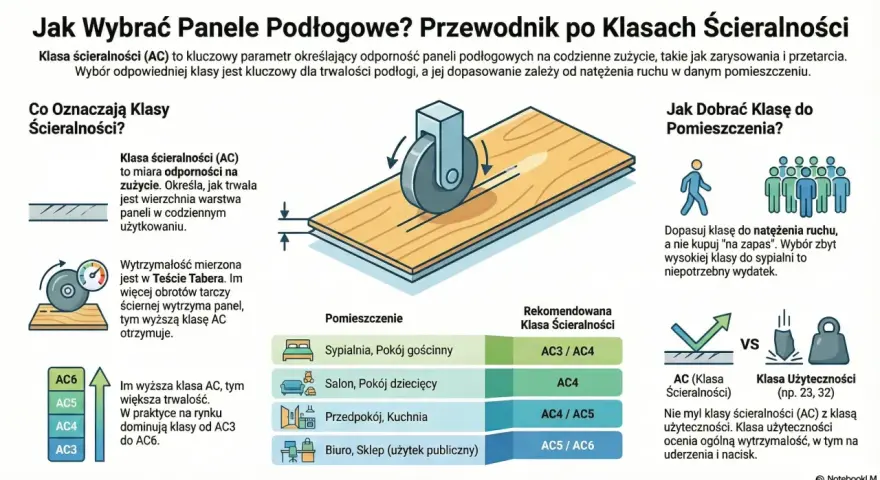 Ilustracja wyjaśnia, jak wybrać panele podłogowe, skupiając się na klasie ścieralności (AC). Pokazuje test ścierania i zalecane klasy AC dla różnych pomieszczeń.