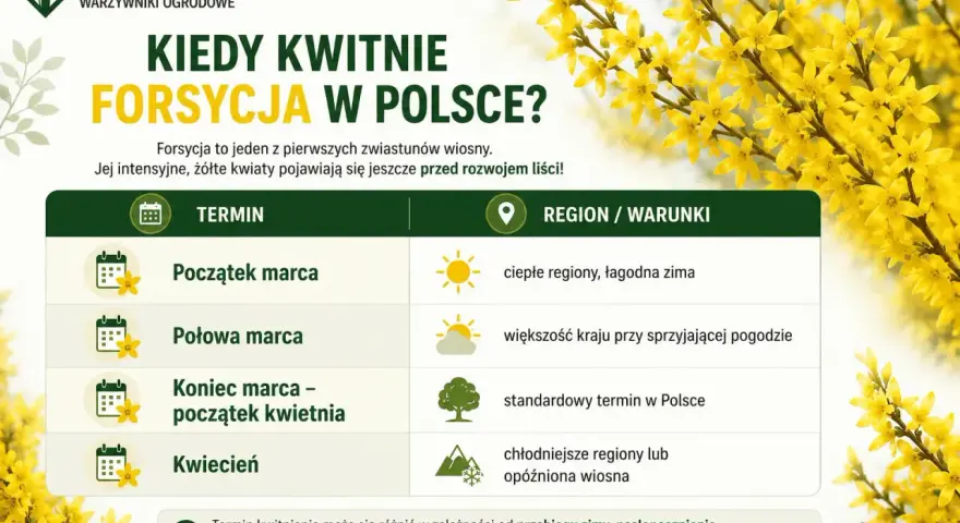 Kiedy kwitnie forsycja w Polsce? Tabela pokazuje terminy kwitnienia od początku marca do kwietnia, zależnie od regionu i warunków.