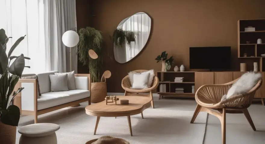 Nowoczesny salon z brązowymi ścianami, drewnianymi meblami i roślinami.