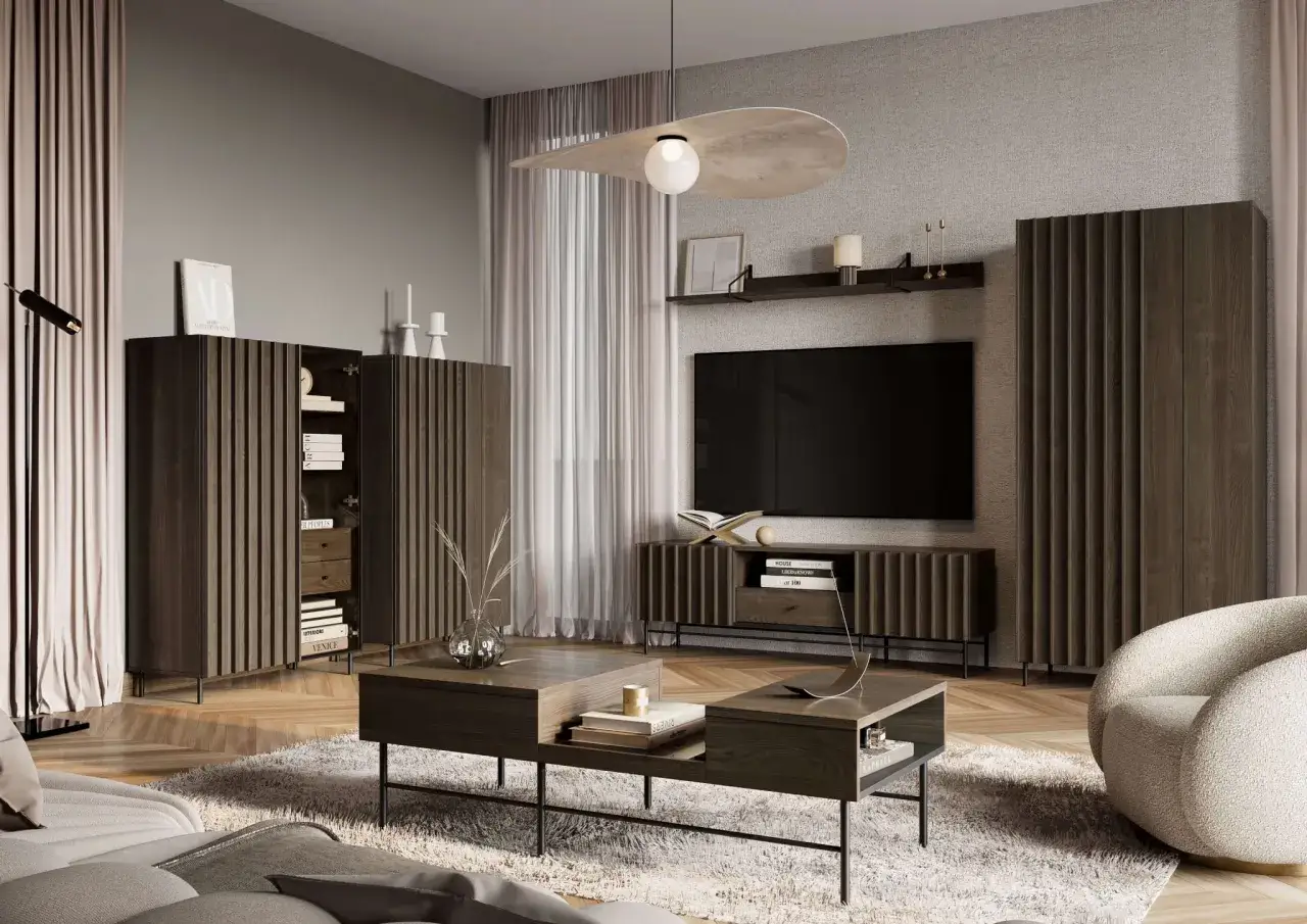 Elegancki salon z meblami w odcieniu kolor brunatny. Drewniane szafki i stolik kawowy tworzą przytulną atmosferę.