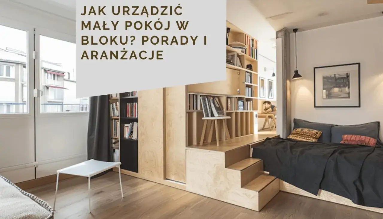 Jak urządzić mały pokój w bloku? Inspirująca aranżacja z podniesionym łóżkiem i mnóstwem miejsca do przechowywania.