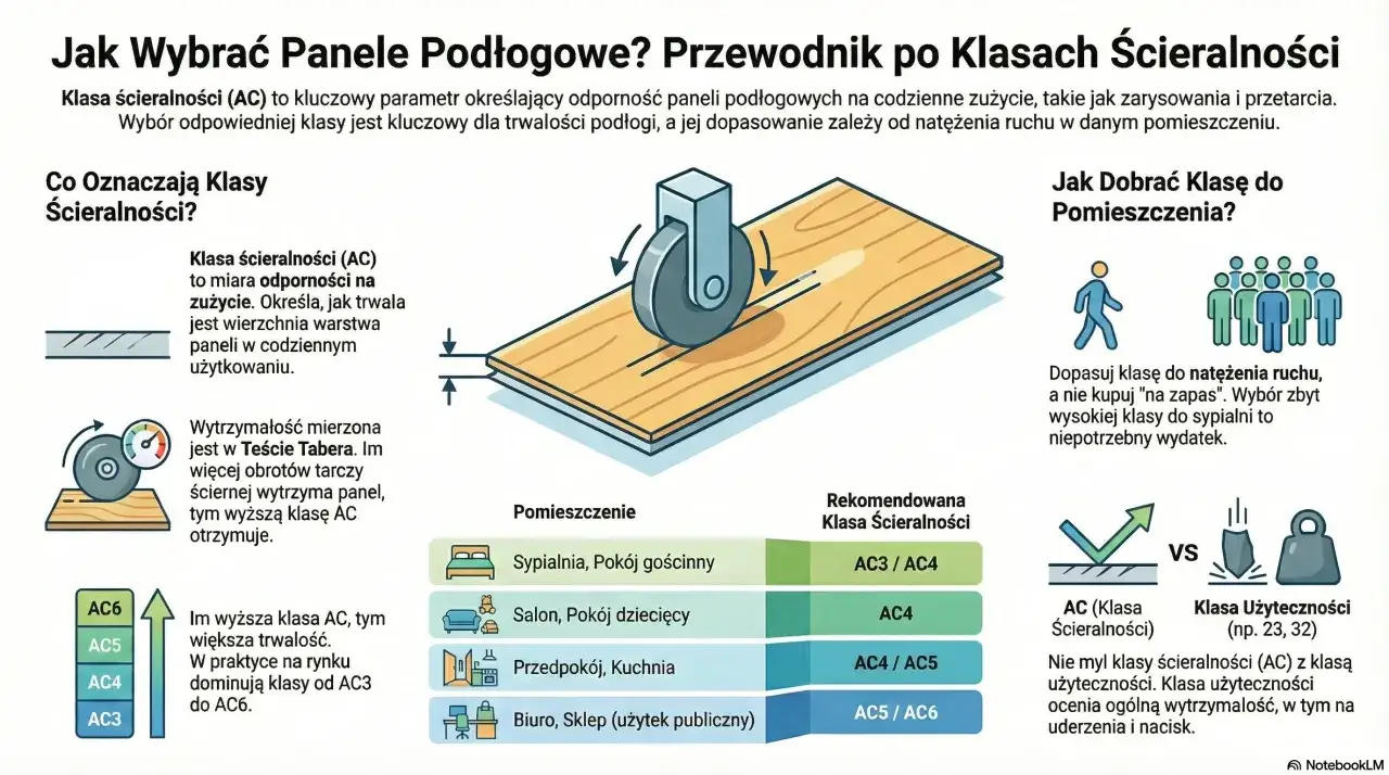 Wybór paneli podłogowych: przewodnik po klasach ścieralności (AC). Dowiedz się, jak dopasować klasę do pomieszczenia, by podłoga służyła latami.